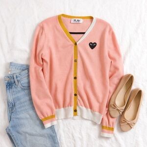 PLAY Comme des Garçons Pink Wool Cardigan Heart Logo Japan Preppy Sweater Small